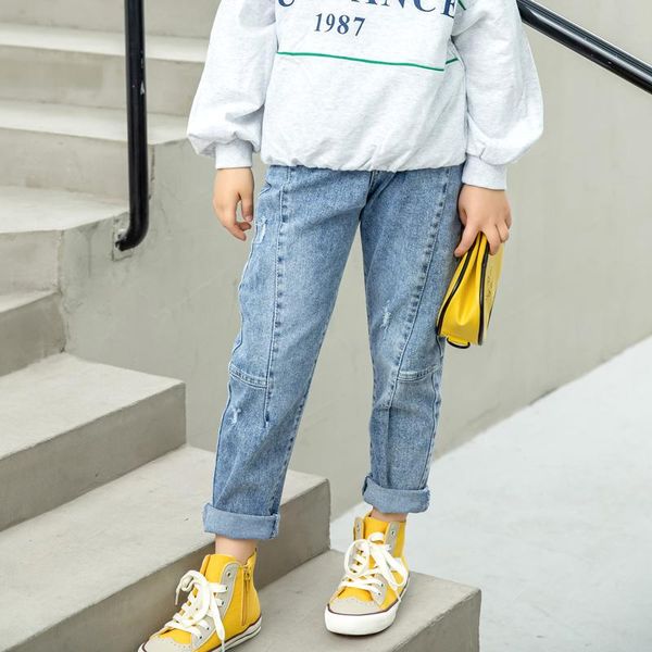 

spring kids jeans pants for girls casual children clothing cotton straight ripped 11 12 years blue denim trousers
