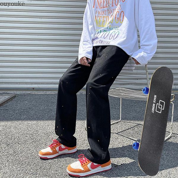 

men's jeans autumn winter splash ink high street and women's straight loose black pants skateboarding hip hop, Blue