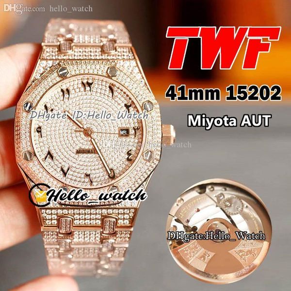 

twf bling watches 15202bc.zz.1241bc.01 miyota automatic mens watch arabic marker gypsophila dial rose gold paved cz fully iced out diamonds, Slivery;brown