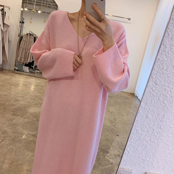 

casual dresses solid red pink sweater dress women korean winter warm pollover woman knitted jumper thick 2021 v neck knitwear, Black;gray
