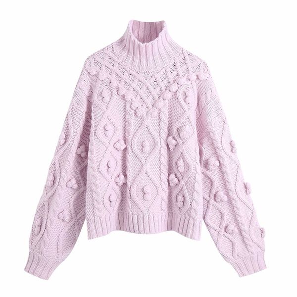 Donne autunnali solidi maglioni palla di capelli dolcevita maglia maglia pullover a maniche lunghe femmina elegante moda strada a costine maglione 210513