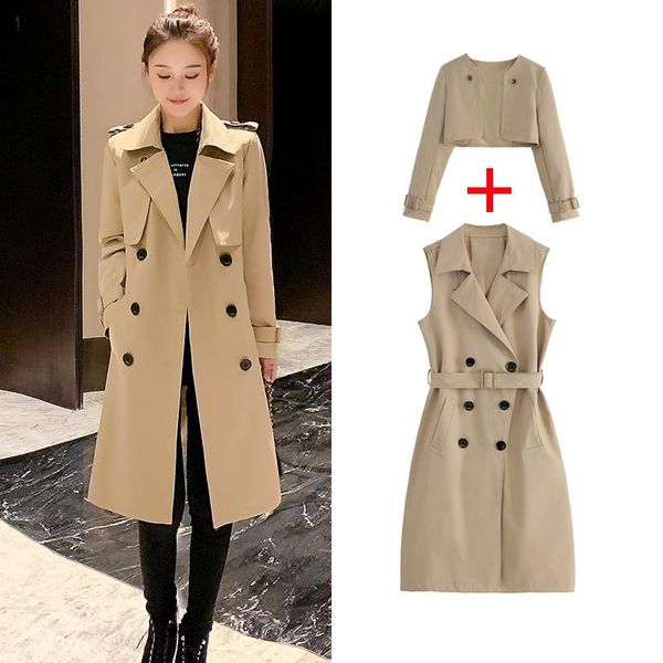 

women's trench coats spring autumn 2021 women mid-length khaki two-piece sets plus sashes casual double breasted long sleeve windbreake, Tan;black