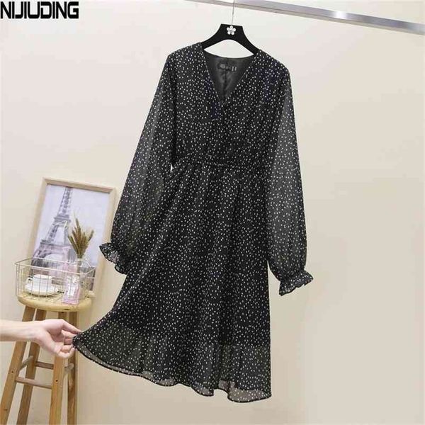 

nijiuding autumn latest high waist v-neck slimming printed mid-length chiffon dress ladies small fresh wild plus size 4xl 210623, Black;gray
