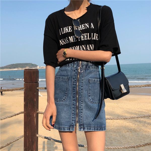 Джинсовая юбка на молнии высокая талия A-Line Mini уличные карманы корейский стиль джинсы мода женщины Sujer 210428