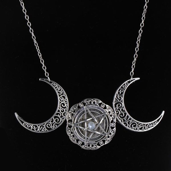 

crystal triple moon necklace wiccan jewelry goddess pentacle pentagram choker pagan 2021 fashio pendant necklaces, Silver