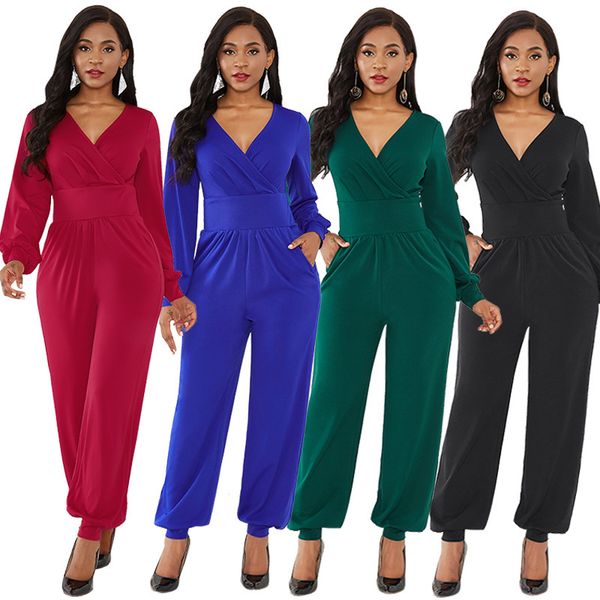 Elegante gerade Laternenhülse V-Ausschnitt Jumpsuits weites Bein lange Hose Sexy Bürodame Freizeitkleidung Schwarz Grün Damen Overalls 210507