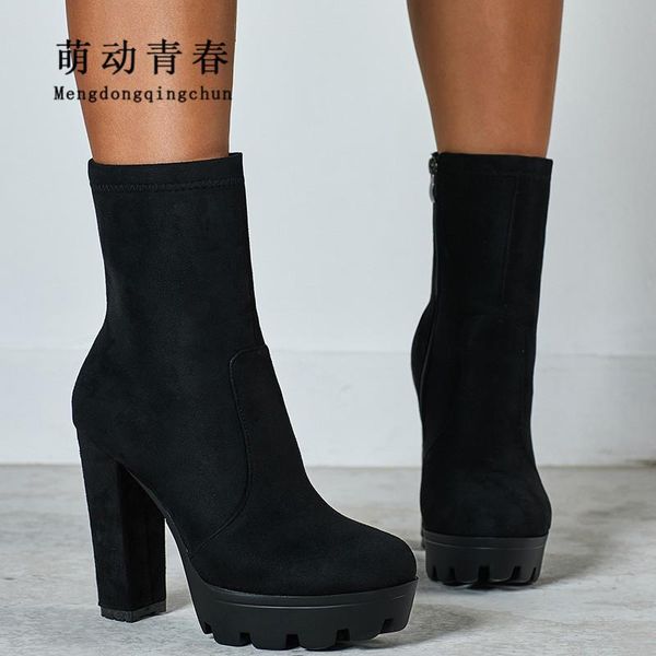 

boots women pumps platform chunky heels round toe ankle mujer ladies zip increase high heeled size 35-42, Black