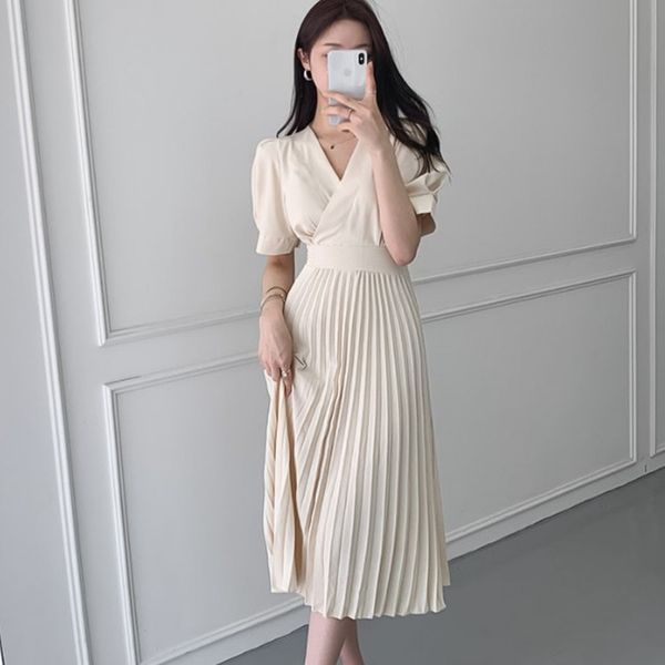 

summer fashion korean solid a-line pleated long dress women short sleeve v-neck belted dresses elegant office ladies vestid 210525, Black;gray