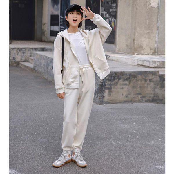 

women's two piece pants hooded sweatshirts suits women autumn loose zipper-up cardigan jacket sports casual suit elastic waist sweatpan, White