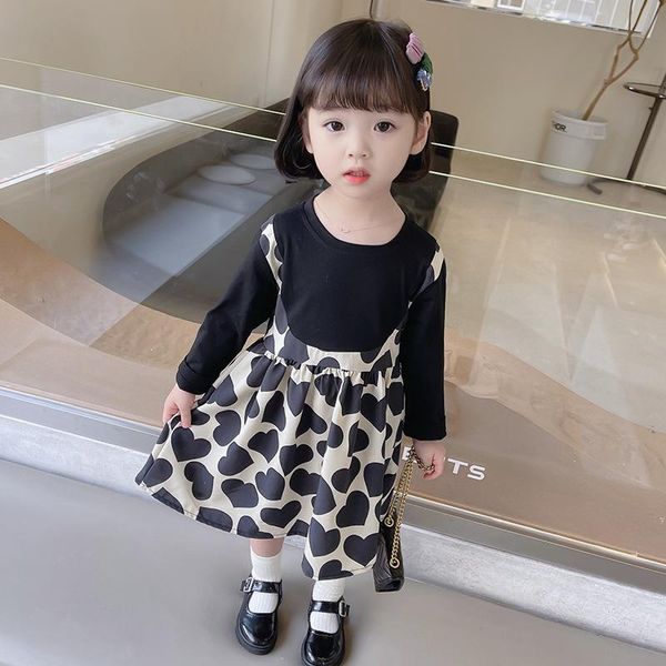 

girl's dresses girls print heart dress children autumn spring party long sleeve casual clothing kids outfit fake two overalls, Red;yellow
