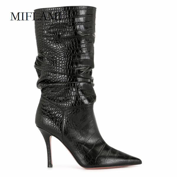 

boots fashion women catwalk long black lazy pleated stiletto knee high pointed toe texture leisuer slip-on style