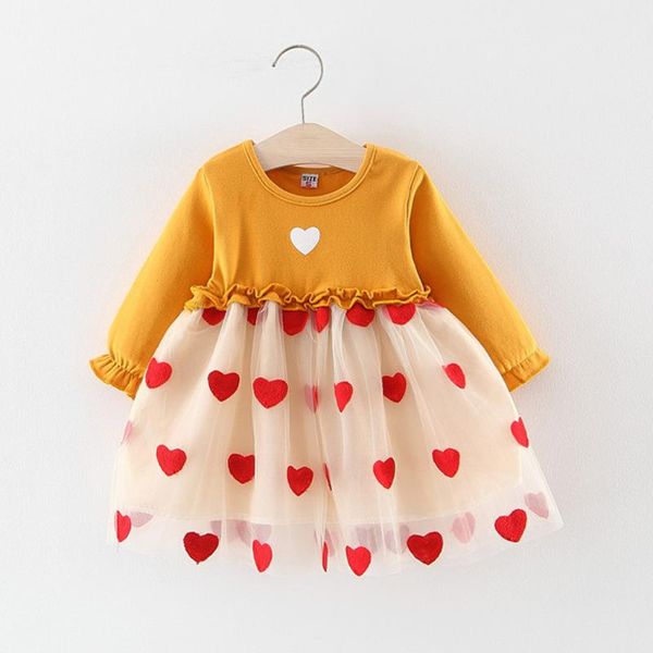 

girl's dresses 12-36 month girls ruched tulle dress 2021 spring long sleeve love heart print clothing kids baby children clothes, Red;yellow