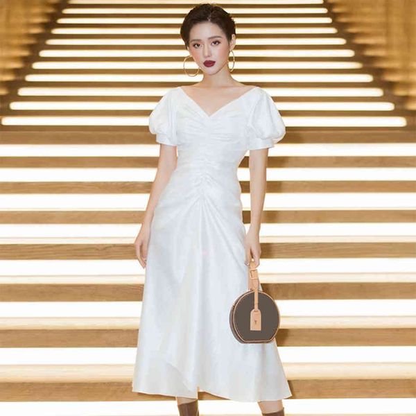 

summer elegant white short sleeve dress for women v neck midi club fashion evening runway party lady dresses 210423, Black;gray