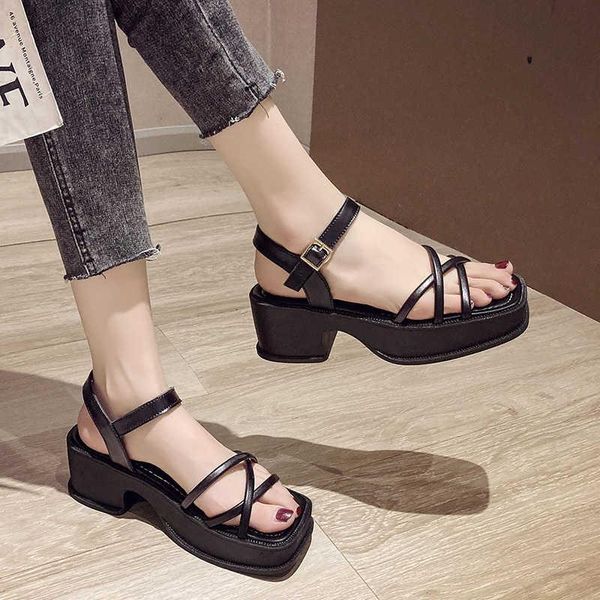

dress shoes casual buckle platform sandals women fashion cross strap square toes wedges sandalias mujer summer outdoor beach, Black