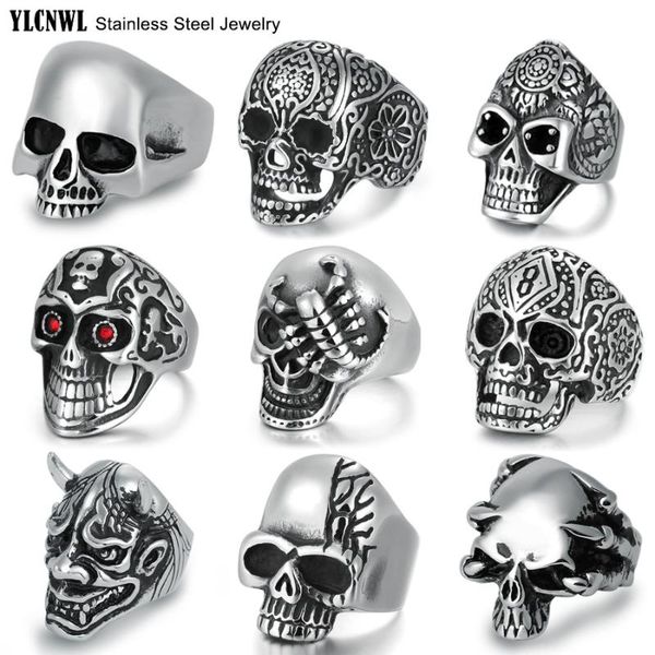 

cluster rings stainless steel skull for men boy motorcycle gothic punk biker hip hop gold black male jewelry cool gift wholesale, Golden;silver