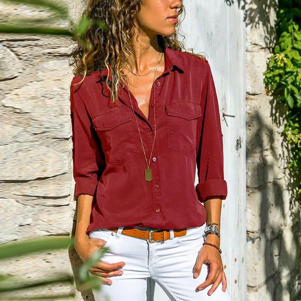 

casual blouse women long sleeve turn down ladies pocket shirts office wear plus size womens and blouses 2021 women's &, White
