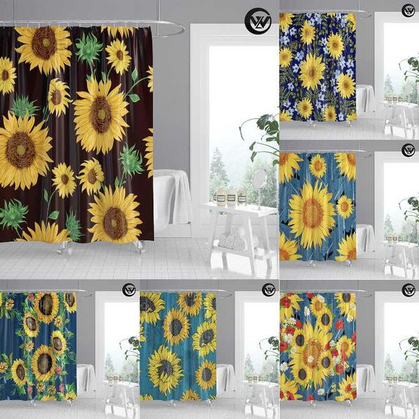

shower curtains nordic polyester sunflower farmhouse waterproof curtains, mildew resistant printed flower black el bathroom curtain/