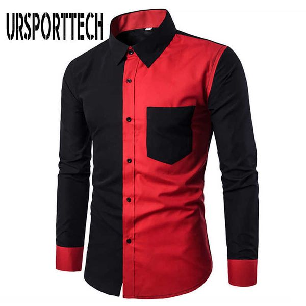 

ursporttech fashion men shirt long sleeve patchwork shirt men blouse plus size shirt men business casual slim fit clothing 210528, White;black
