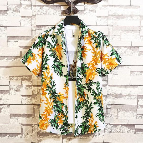 

men's casual shirts plus size 7xl 6xl 5xl holiday style summer short sleeve men floral simple all match regular fit chemise homme sale, White;black