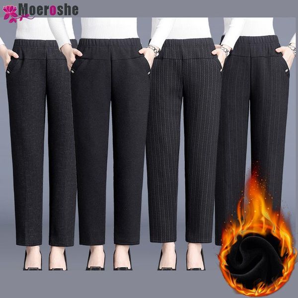 

moeroshe women winter warm pants velvet thick trousers high waist elastic middle aged mother stretch straight plus size 5x women's & ca, Black;white