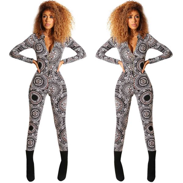 

fashion pattern printing zipper women ny jumpsuits long sleeves v neck spring party rompers full length real images, Black;white
