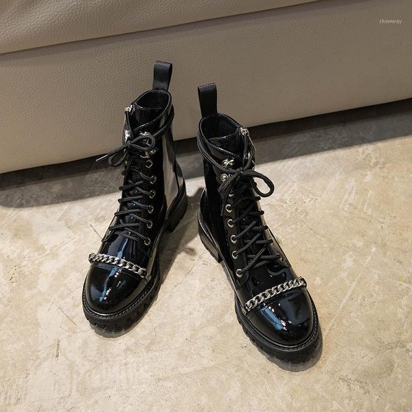 

boots women winter patent leather shoes fashion girls riding punk style female botas with chains round toe1, Black