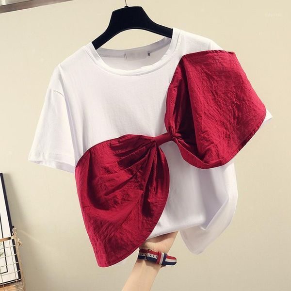 

three dimensional bow splicing cotton short sleeve t-shirt female 2021 spring and summer korean loose half women's, White