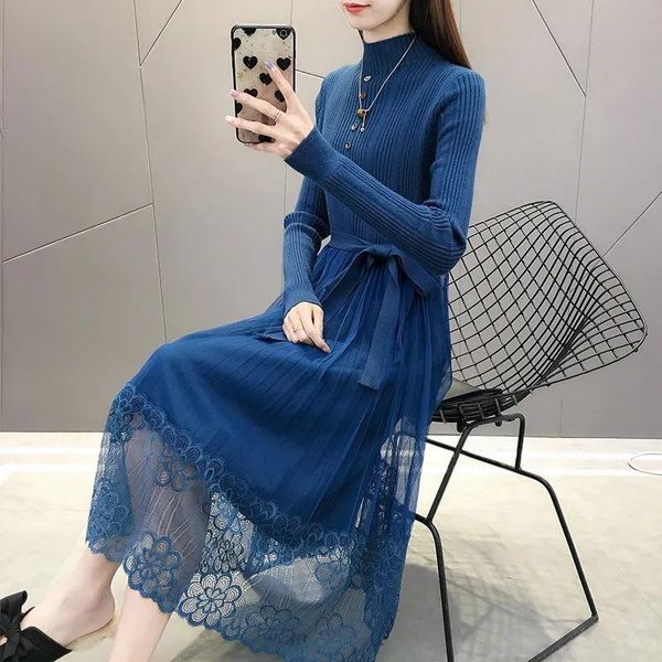 

casual dresses 2021 fall fashion lace embroidery knitted dress women elegant long sleeve turtleneck sweater winter warm knit midi, Black;gray