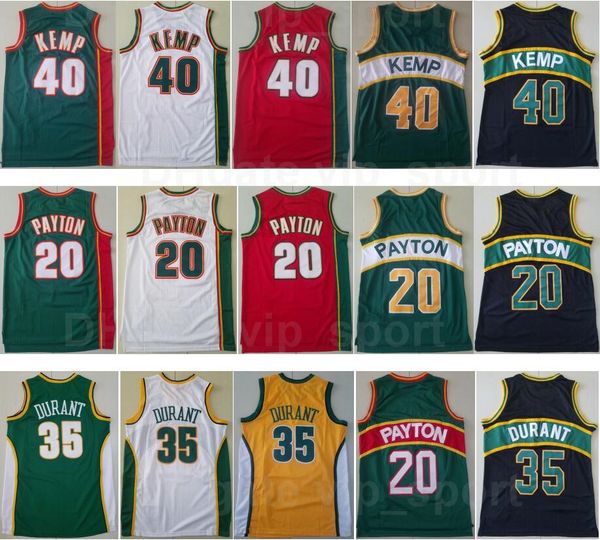 Erkekler Retro Basketbol Shawn Kemp Jersey 40 Gary Payton 20 Kevin Durant 35 Geri Dönüş Takımı Renkli Yeşil Sarı Beyaz Kırmızı Siyah Spor Hayranları için Nefes Alabilir Vintage