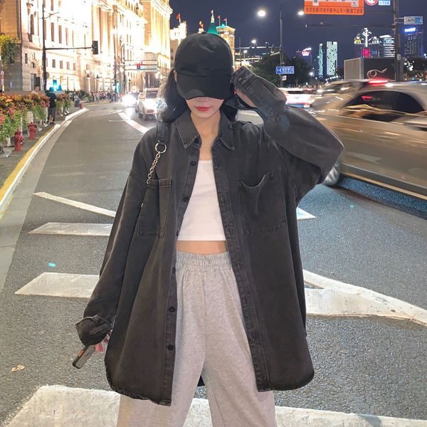

women's blouses & shirts spring autumn korea fashion women long sleeve loose turn-down collar coat vintage black denim blouse femm, White