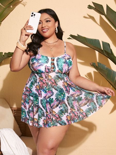 

plus leaf print flounce hem swim dress with bikini bottom g3z0#, Black