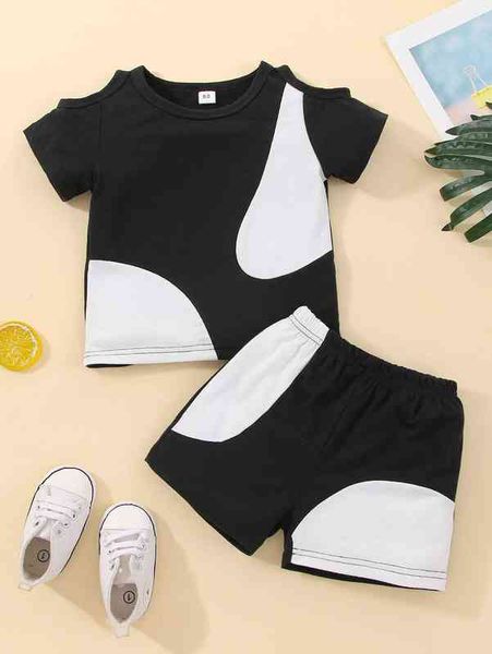 

baby two tone cold shoulder tee & shorts she, White