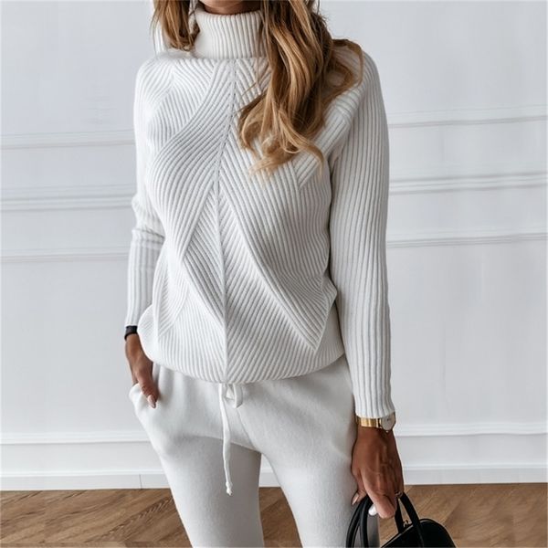 

tyhru autumn winter women's tracksuit solid color striped turtleneck sweater and elastic trousers suits knitted two piece set 220315, White