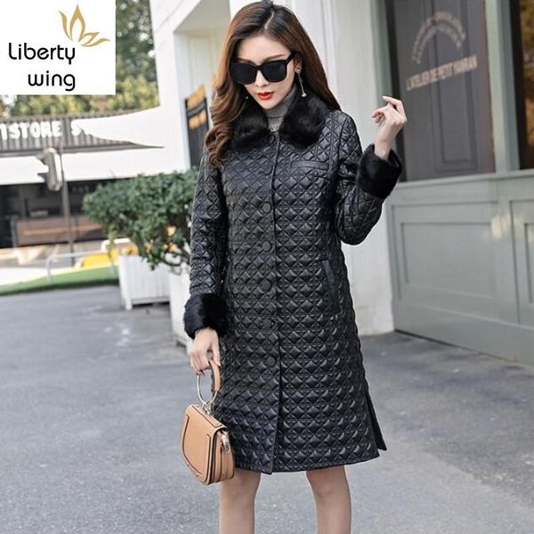 

women's leather & faux mink collar genuine women casual elegant mouton sheepskin fur coat shearling long jacket clothes ladies, Black