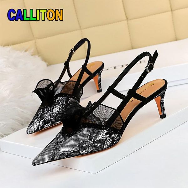 

dress shoes women's fashion pumps mesh hollow out heels banquet strap lace women sandals summer 2021 calliton, Black