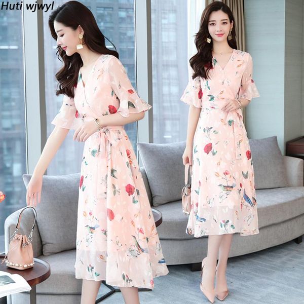 

casual dresses summer vintage plus size floral chiffon sundress 2021 korean boho beach midi dress elegant women flare short sleeve vestidos, Black;gray