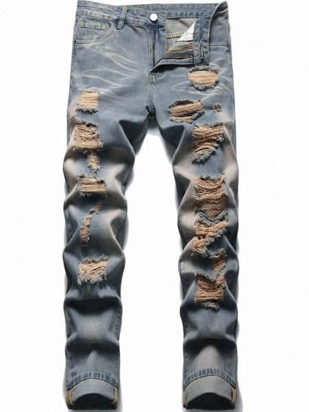 

men ripped zip fly straight leg jeans l1yp#, Blue