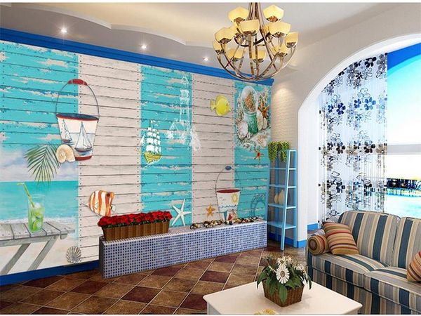 

wallpapers custom 3d po wallpaper bed room mural sea starfish shell wood wall kids background non-woven for