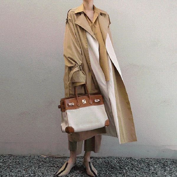 

women's trench coats vintage long women coat autumnturn down collar clothes double breasted belt waterproof overcoat female, Tan;black