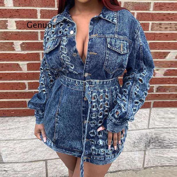 

loose fit beige holes bandage big size denim jacket lapel long sleeve women coat fashion tide spring autumn 2021 casual dresses, Black;gray