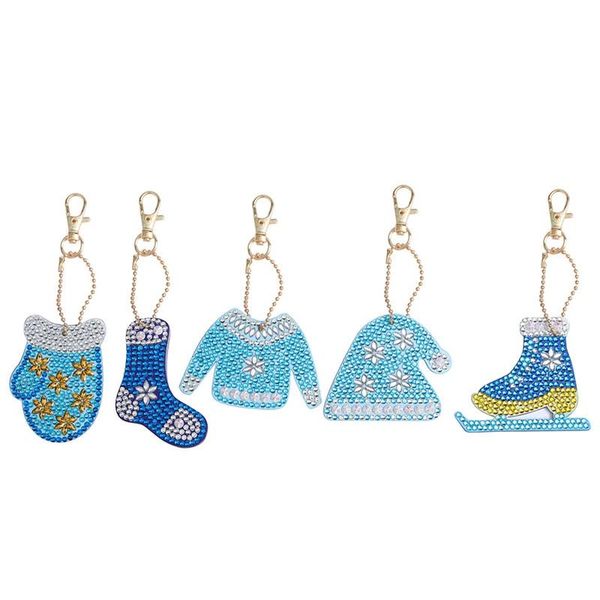 5 pcs feliz ano novo série azul luvas de chapéu novo 5d diamante pintura dos desenhos animados keychain diy conjunto de diamante bordado presente de natal