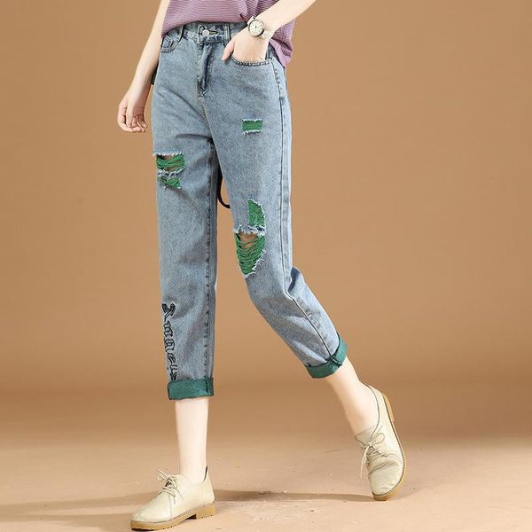 

women's jeans y2k pierced loose and thin fashion with thorn embroidered harlan pants in spring summer 2021, Blue