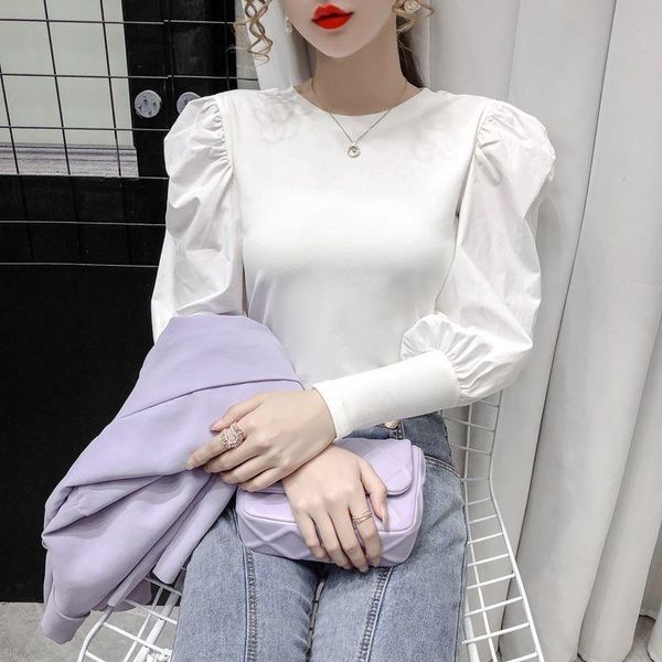 

women's blouses & shirts puff sleeve t-shirt real s spring and autumn models niche all-match round neck pullover solid color slim botto, White