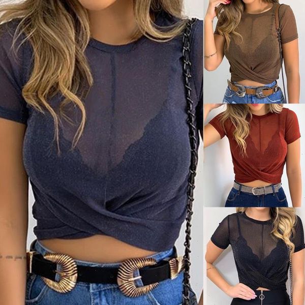 

women short slim t shirt summer sleeve solid color o neck high waist female cross pleated, White