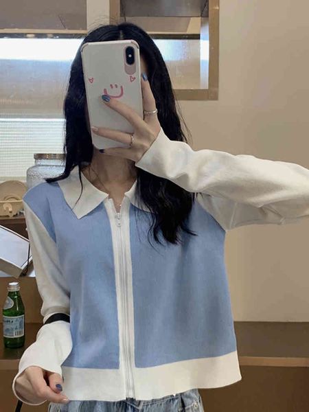 

thin fashion casual contrast color turn down collar zipper cardigan sweater long sleeve knitted jacket pull femme sweet japan 210429, White