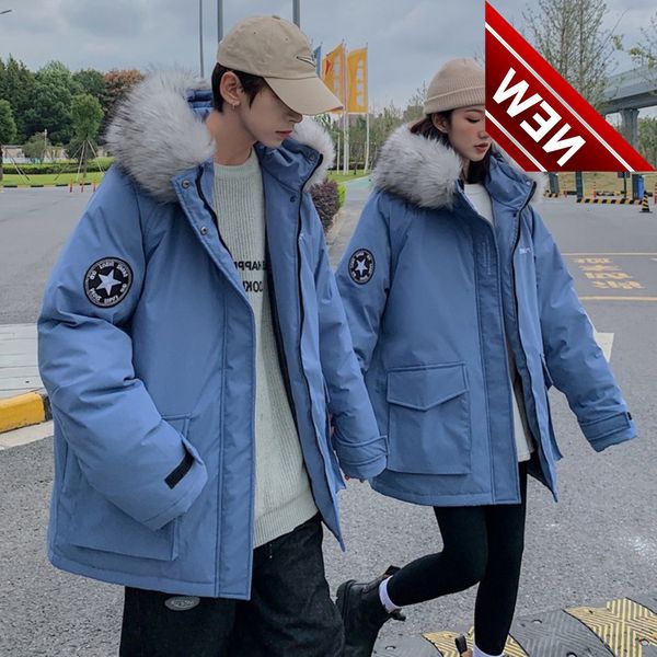 

2021 winter couple down jacket fashion men's medium long loose white duck coat hooded fur collar snow outerwear, Black