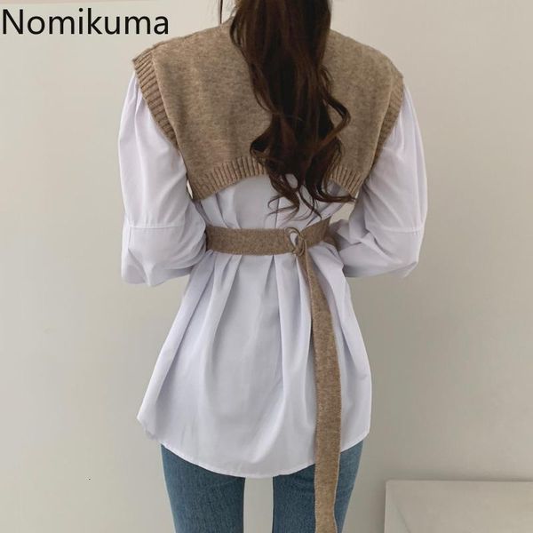 

women's blouses & shirts nomikuma autumn knitted patchwork women blouse korean fake two pieces long sleeve shirts 2020 bandage sl, White