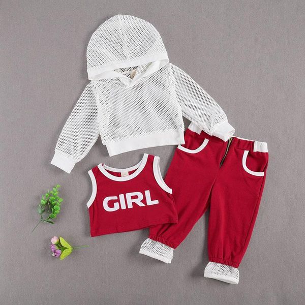 

clothing sets 1-5 years toddler kids girls 3-piece outfit set sleeveless letter print mesh hooded coat+pants casual tracksuit, White