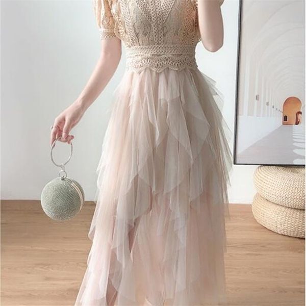

fairy lace mesh patchwork long irregular dress women summer short-sleeved stand collar slim gauze ball gown 210602, Black;gray