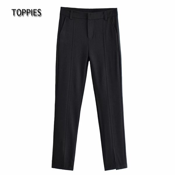 

black suit pants bottom split high waist slim straight female trousers casual streetwear 210421, Black;white